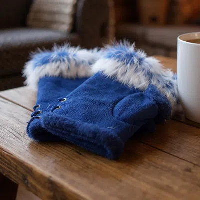 Fashnzfab Two Toned Real Fur Trim Fingerless Gloves In Blue