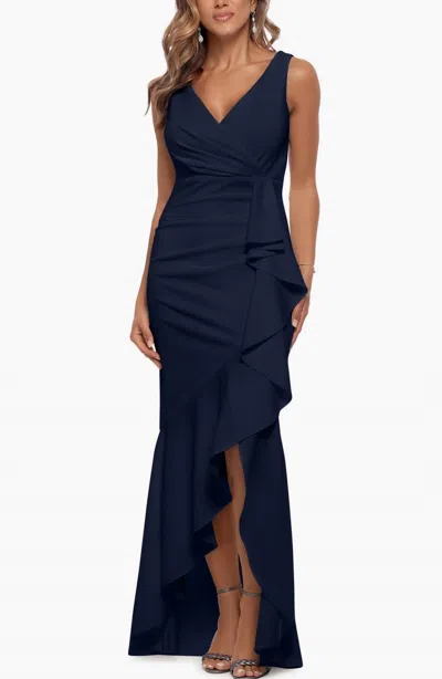 Betsy & Adam V-neck Cascade Ruffle High-low Gown In Navy In Blue