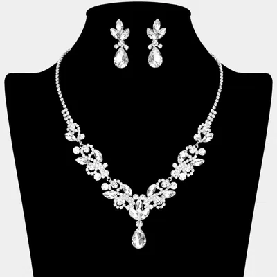 Fashnzfab Teardrop Stone Cluster Pendant Marquise Stone Cluster Rhinestone Paved Necklace - Clear, Silver In Metallic