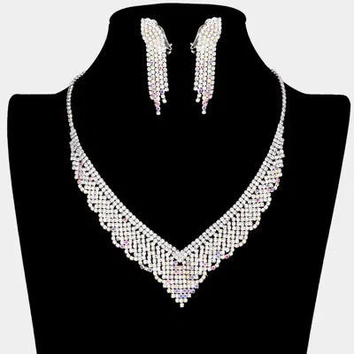 Fashnzfab Rhinestone Pave Necklace Clip On Earring Set - Ab, Silver In Silver