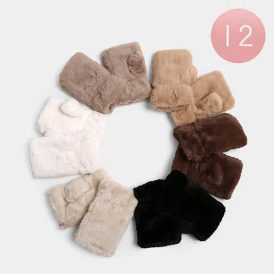 Fashnzfab 12pairs - Plain Faux Fur Fingerless Winter Gloves In Multi