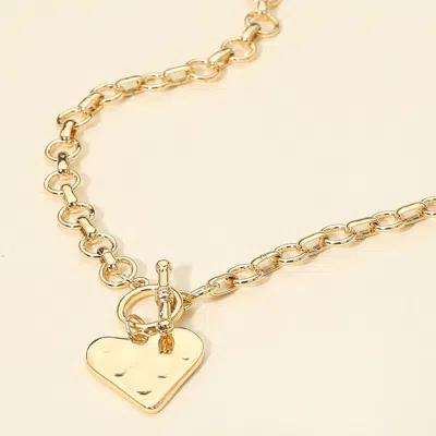 Fashnzfab Hammered Metal Heart Pendant Chunky Chain Toggle Necklace - Gold In Gold