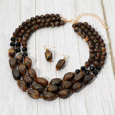 Fashnzfab Chunky Resin Pebble Beaded Triple Layered Statement Necklace - Dark Brown, Gold In Brown