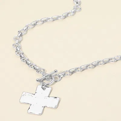 Fashnzfab Hammered Metal Cross Pendant Chunky Chain Toggle Necklace - Rhodium In Metallic