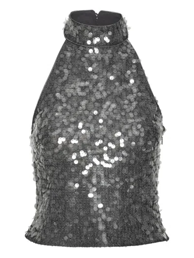 Rotate Birger Christensen Sequined Silver Sleeveless Top With High Neckline In Multi