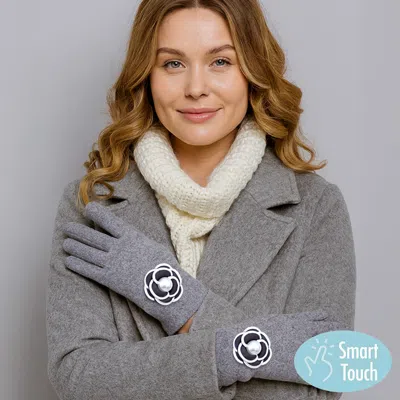 Fashnzfab Pearl Flower Accent Elegant Smart Touch Gloves In Gray