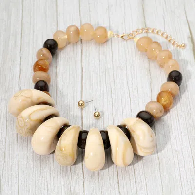 Fashnzfab Chunky Marbled Resin Pebble Beaded Statement Necklace - Gold, Neutral In Multi