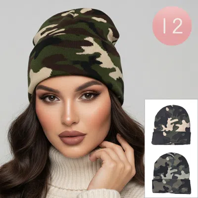 Fashnzfab 12pcs - Camouflage Pattern Winter Beanie Hats In Green