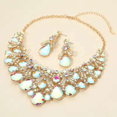 Fashnzfab Teardrop Stone Cluster Embellished Bib Statement Evening Necklace - Ab, Gold In Gold