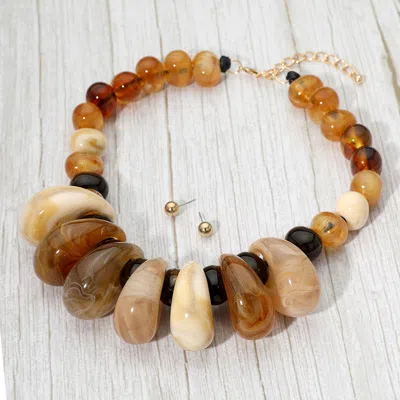 Fashnzfab Chunky Marbled Resin Pebble Beaded Statement Necklace - Brown, Gold, Multi In Brown