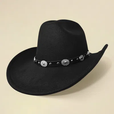 Fashnzfab Faux Leather Metal Concho Band Western Cowboy Hat In Black