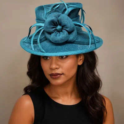 Fashnzfab Flower Ribbon Feather Accented Sinamay Dressy Hat In Blue