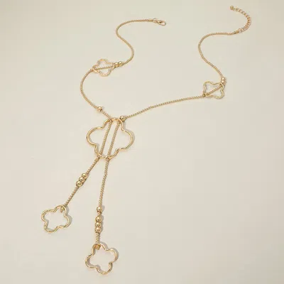 Fashnzfab Hammered Metal Open Quatrefoil Long Necklace - Gold In Gold