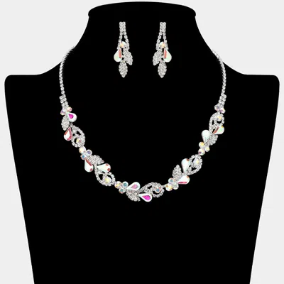 Fashnzfab Teardrop Cluster Rhinestone Paved Leaf Necklace - Ab, Silver In Metallic