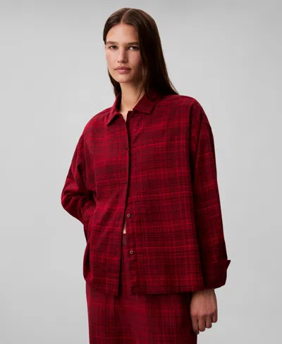 Calvin Klein Women's Plaid Collar Neck Long Sleeve Sleep Shirt In Burgundy