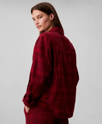 Calvin Klein Women's Plaid Collar Neck Long Sleeve Sleep Shirt In Burgundy