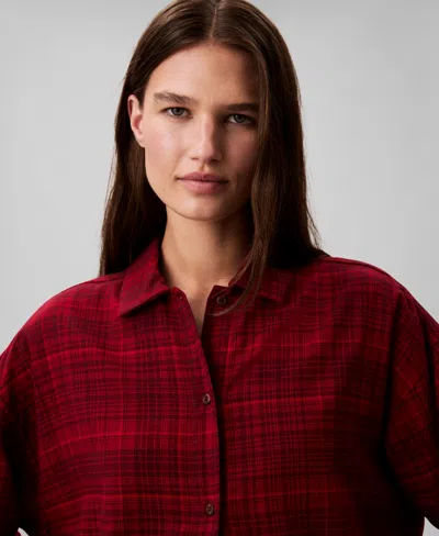 Calvin Klein Women's Plaid Collar Neck Long Sleeve Sleep Shirt In Burgundy