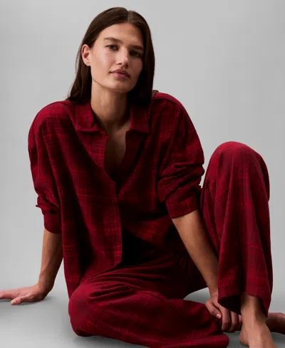 Calvin Klein Women's Plaid Collar Neck Long Sleeve Sleep Shirt In Burgundy