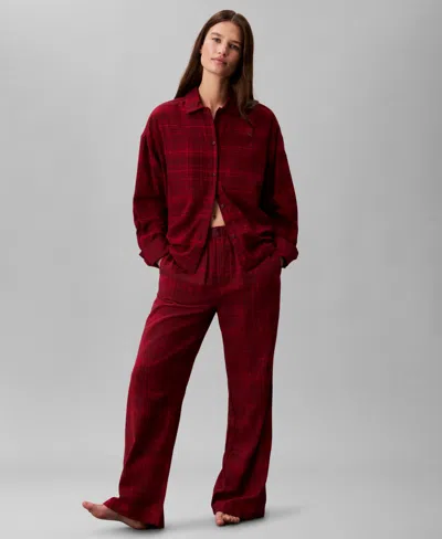Calvin Klein Women's Plaid Collar Neck Long Sleeve Sleep Shirt In Burgundy
