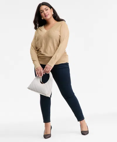 Inc International Concepts Plus Size V-neck Dolman-sleeve Sweater, Macy's Exclusive In Brown