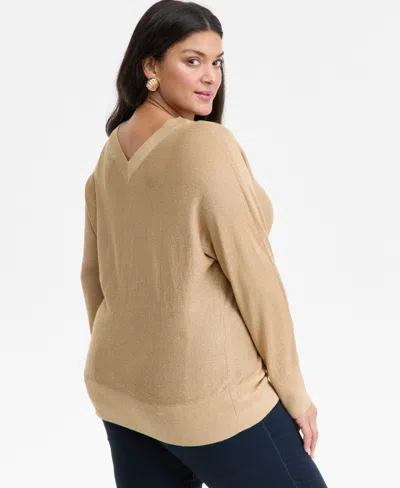 Inc International Concepts Plus Size V-neck Dolman-sleeve Sweater, Macy's Exclusive In Brown