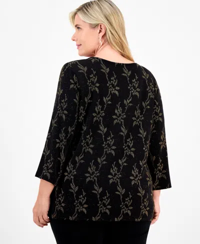 Jm Collection Plus Size Metallic Jacquard 3/4-sleeve Top, Macy's Exclusive In Black