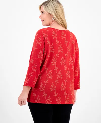 Jm Collection Plus Size Metallic Jacquard 3/4-sleeve Top, Macy's Exclusive In Red
