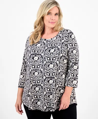 Jm Collection Plus Size Solid V-neck 3/4-sleeve Top, Exclusively At Macy's In Black