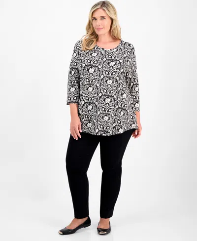 Jm Collection Plus Size Solid V-neck 3/4-sleeve Top, Exclusively At Macy's In Black