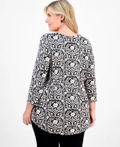 Jm Collection Plus Size Solid V-neck 3/4-sleeve Top, Exclusively At Macy's In Black