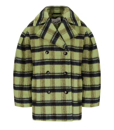 Ganni Oversized Double-breasted Checked Brushed-wool Coat In Green
