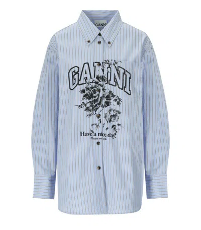 Ganni Flowers Light Blue Shirt In Blue