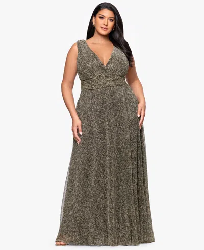 Betsy & Adam Women's V-neck Pleated Animal Print Gown In Gray