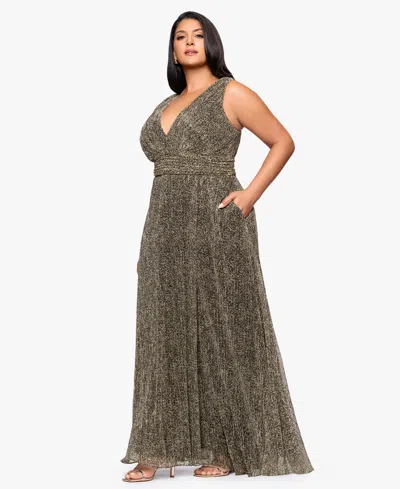 Betsy & Adam Women's V-neck Pleated Animal Print Gown In Gray