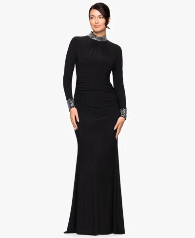 Betsy & Adam "imani" Jersey Knit Long Sleeve Beaded Mock Neck Floor Length Dress In Black