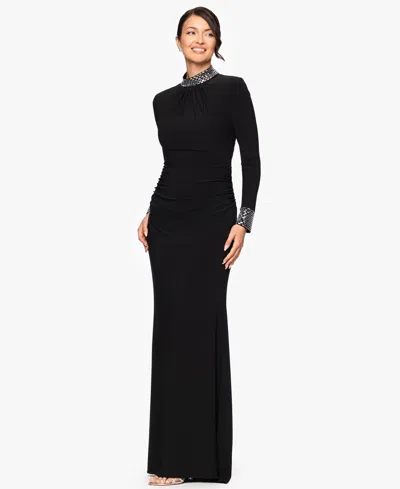 Betsy & Adam "imani" Jersey Knit Long Sleeve Beaded Mock Neck Floor Length Dress In Black