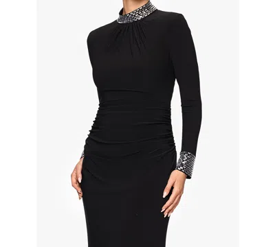 Betsy & Adam "imani" Jersey Knit Long Sleeve Beaded Mock Neck Floor Length Dress In Black