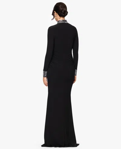 Betsy & Adam "imani" Jersey Knit Long Sleeve Beaded Mock Neck Floor Length Dress In Black