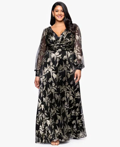 Betsy & Adam Plus Size Long Crinkle Sleeve A-line Dress In Multi