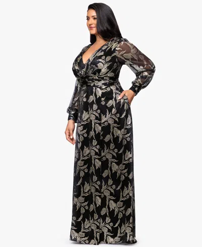 Betsy & Adam Plus Size Long Crinkle Sleeve A-line Dress In Multi