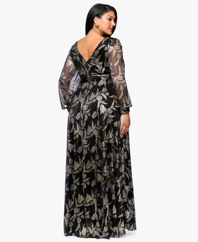 Betsy & Adam Plus Size Long Crinkle Sleeve A-line Dress In Multi