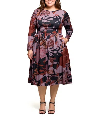 24seven Comfort Apparel Plus Size Long Sleeve Midi Dress In Purple