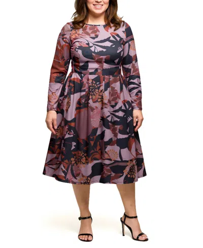 24seven Comfort Apparel Plus Size Long Sleeve Midi Dress In Purple