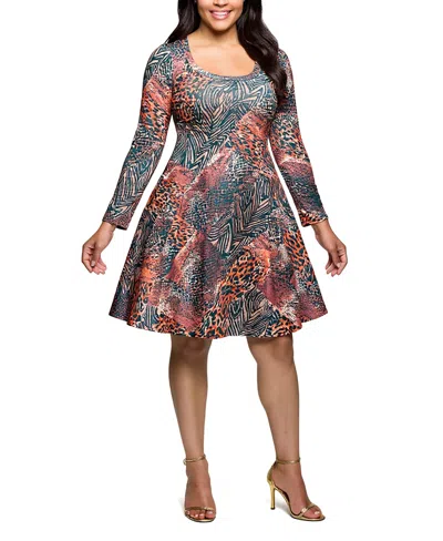 24seven Comfort Apparel Plus Size Long Sleeve Fit And Flare Dress In Gray