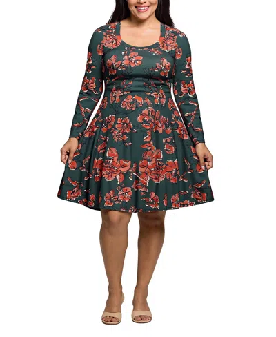 24seven Comfort Apparel Plus Size Long Sleeve Fit And Flare Dress In Green
