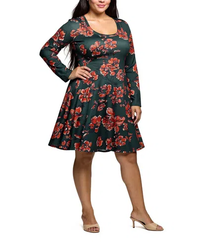 24seven Comfort Apparel Plus Size Long Sleeve Fit And Flare Dress In Green