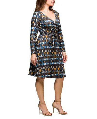 24seven Comfort Apparel Plus Size Long Sleeve Wrap With Belt Dress In Blue