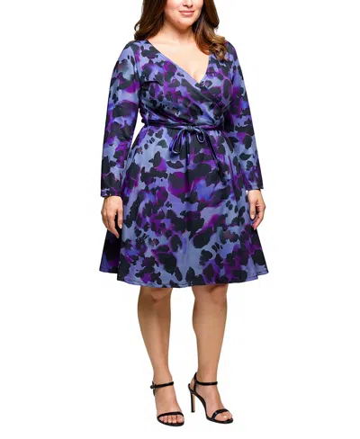 24seven Comfort Apparel Plus Size Long Sleeve Wrap With Belt Dress In Blue