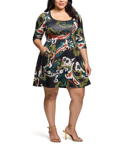 24seven Comfort Apparel Plus Size Three Quarter Sleeve Fit And Flare Dress In Multi