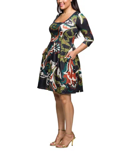 24seven Comfort Apparel Plus Size Three Quarter Sleeve Fit And Flare Dress In Multi